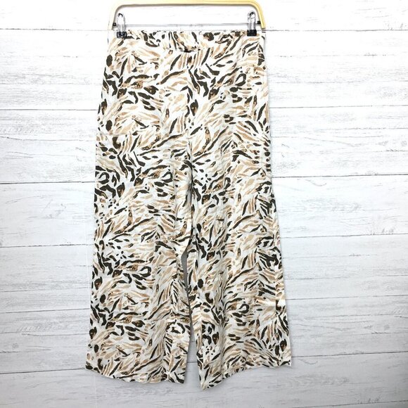 Tahari Pants - NEW Tahari Women's Brown & Ivory Print Linen Pants Wide Leg Side Zipper Medium